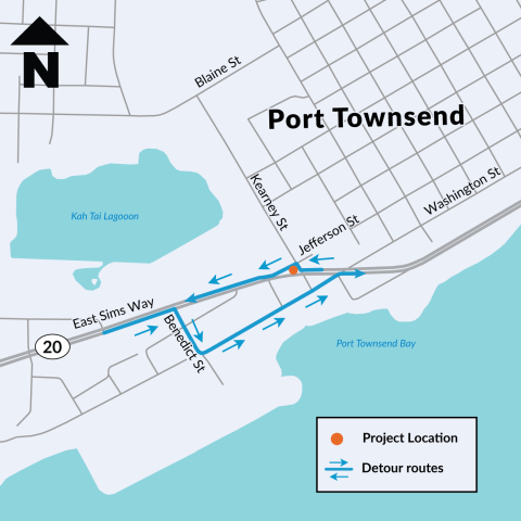 A map of State Route 20 near Port Townsend showing a detour around a roundabout project at Kearney Street. Eastbound traffic will detour on Benedict Street and Washington Street. Westbound traffic will detour onto Kearney Street and Jefferson Street.