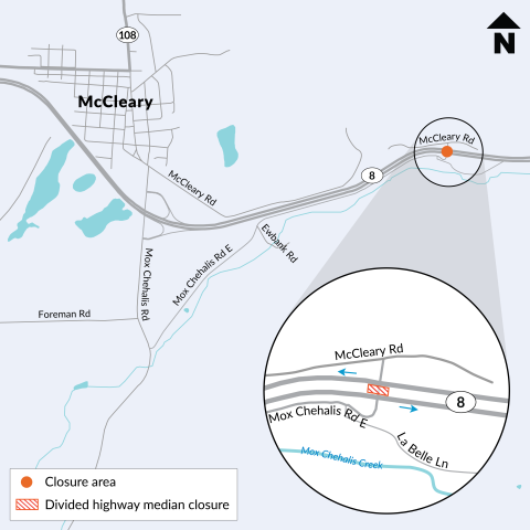 Map of McCleary showing divided highway median closure on State Route 8 at Mox Chehalis Road East.