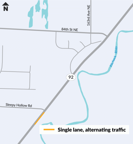 A map showing an orange line marking the location of single lane, alternating traffic on SR 92 newar Sleepy Hollow Road.