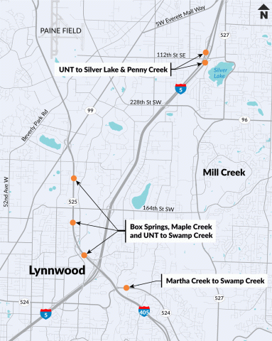 A map showing orange dots for the three bundled projects to improve fish habitat:  I-5 UNT to Penny Creek and Silver Lake Fish Passage, SR 524/Martha Creek to Swamp Creek Fish Passage, SR 525/Box Springs and Maple Creek and Unnamed Tributary to Swamp Creek Fish Passage.
