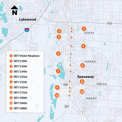 Map of SR 7 in Pierce County showing 11 crossing locations indicated by orange circles and numbered in ascending order from north in Parkland to south in Spanaway.
