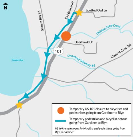 Temporary US 101 closure to bicyclists and pedestrians going from Gardiner and Blyn. Both are detoured nearby off Old Blyn Highway. US 101 remains open for bicyclists and pedestrians going from Blyn to Gardiner. North arrow points up at Sequim Bay. 
