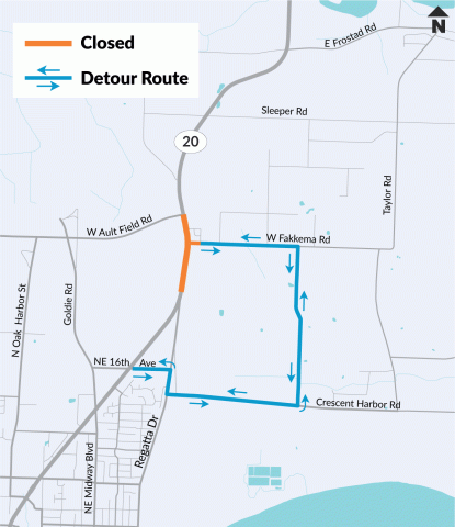 A map with blue lines showing one of two detours for local travelers around the work zone on SR 20 at West Fakkema Road.