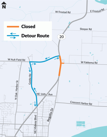 A map with blue lines showing the detour around the work zone on SR 20 at West Fakkema Road.