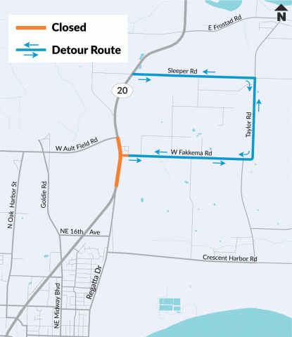 A map with blue lines showing one of two detours for local travelers around the work zone on SR 20 at West Fakkema Road.