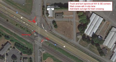 An overhead photo with red lines showing where truck aprons will be build on the northwest and southwest corners of US 2 and 179th Avenue Southeast.
