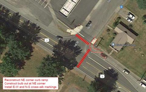 An overhead photo with red lines showing where two crosswalks will be built at US 2 and 1st Street in Gold Bar. One crosswalk crosses 1st Street and the other crosses US 2 on the east side of 1st Street.