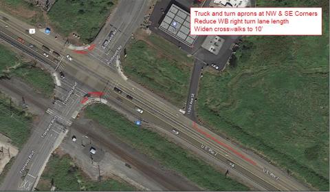 A photo showing red lines where truck aprons will be build on the north and south corners of US 2 and Fryelands Boulevard.