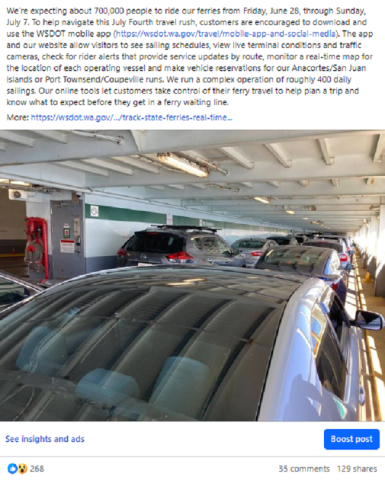 Screenshot of a Facebook post about July Fourth ferry travel tips