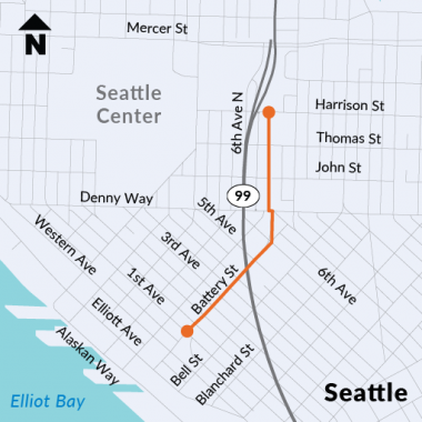 A map of the Battery Street Tunnel running between First and Sixth avenue in Seattle's Belltown neighborhood, connecting at the north end to Aurora Avenue North