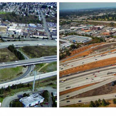Before and after photo of the I-5 and SR 16 interchange in Tacoma