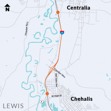 Map of I-5 corridor between Centralia and Chehalis in Lewis County, WA indicating project location
