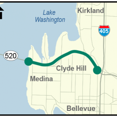 map of the construction zone for the SR 520 Eastside Transit and HOV Project, extending from I-405 to the east shore of Lake Washington in Medina.