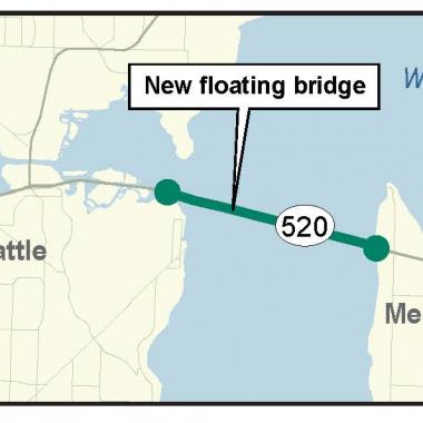 map of the project construction area for the new SR 520 floating bridge. The construction zone extends from Union Bay, near Seattle's Madison Park neighborhood, to the east shore of Lake Washington in Medina.
