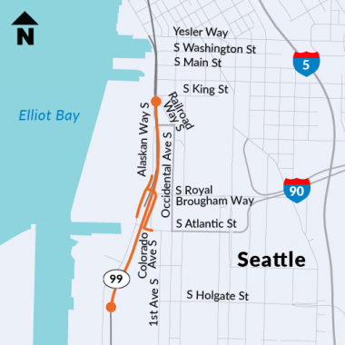 Map of SoDo neighborhood in Seattle showing section of State Route 99 affected by this project