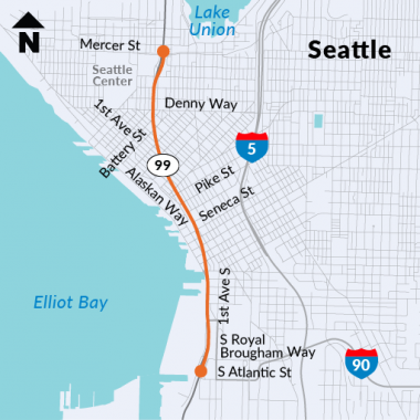 Map of downtown Seattle showing the tunnel route stretching from near the Space Needle on the north end to Seattle's sports stadiums on the south end
