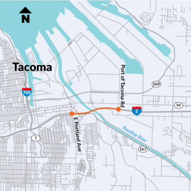 Map of the I-5 Portland Avenue to Port of Tacoma Road Southbound HOV Project