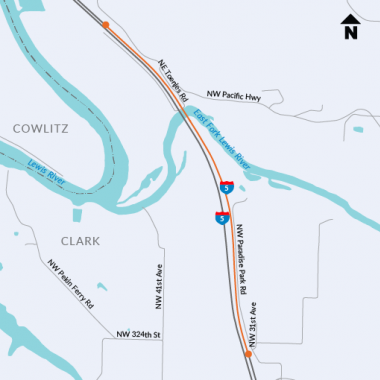 Map of Interstate 5 - East Fork Lewis River Bridge Northbound showing project location.