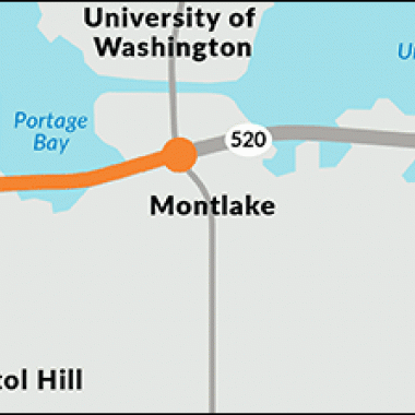 Map SR Portage Bay Bridge and Roanoke Lid Project area from the Montlake interchange in the east to I-5 in the west.