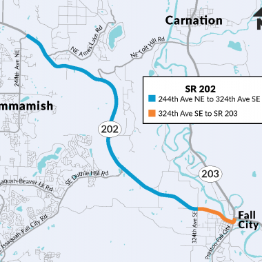A map showing major roadways and rivers along SR 202 between Sammamish and Fall City. 