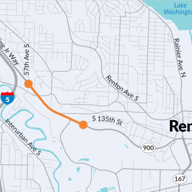 A map of major roadways between west Renton and Southeast Seattle. A stretch of SR 900 is highlighted in orange to indicate the study area.