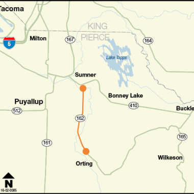 A map of the SR 162 corridor from SR 410 Interchange to Williams Boulevard in Orting