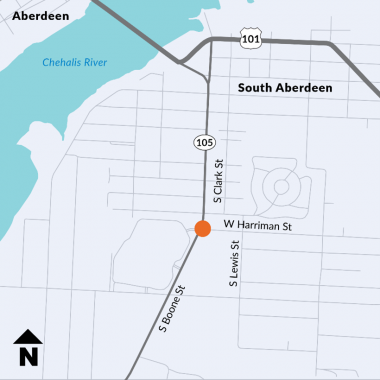 A map of SR 105 at West Harriman Street in Aberdeen, Washington and surrounding roads