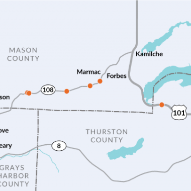 Map showing portions of Thurston, Grays Harbor and Mason Counties with several orange dots over SR 108 and one over US 101 