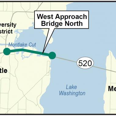 Map showing SR 520 across Lake Washington and into Seattle. A stretch of the highway from Montlake to the eastern edge of Seattle is highlighted green and labeled west approach bridge north