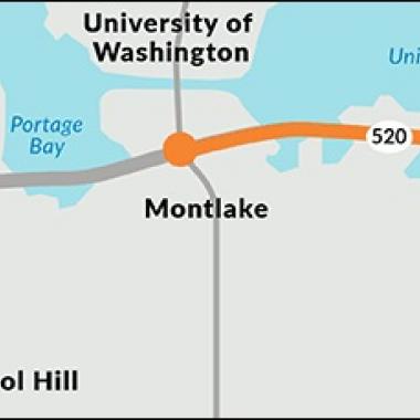 Map showing SR 520 across Union Bay and into Seattle. A stretch of the highway between Montlake Boulevard and the east edge of Madison Park is identified as the project area.