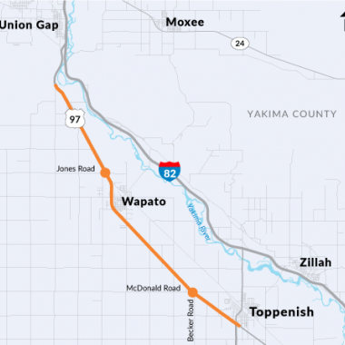Map of US 97 from Union Gap to Toppenish
