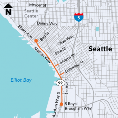 A map of where the viaduct ran along Seattle's central waterfront between the sports stadiums to the south and Belltown to the north.