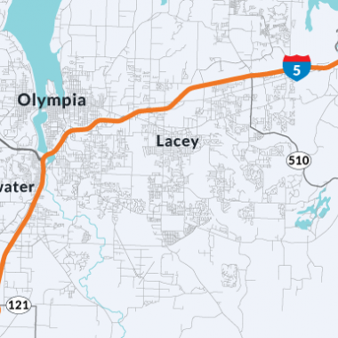 A map of I-5 showing the corridor and surrounding roads between Tumwater and Nisqually