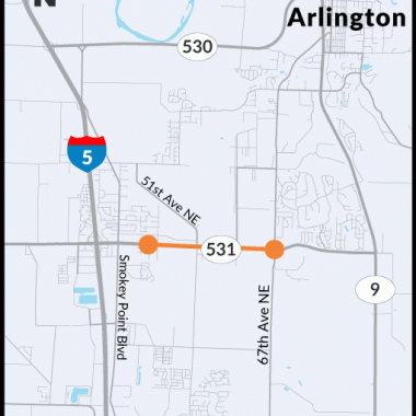 This map shows the area where SR 531 will be widened between 43rd Avenue Northeast and 67th Avenue Northeast.