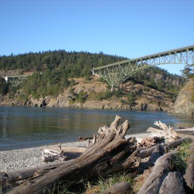 View of Deception Pass and Canoe Pass bridges as seen from the North Beach at Deception Pass State Park.