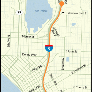 A map showing the northbound I-5 work zone between Yesler Way and SR 520