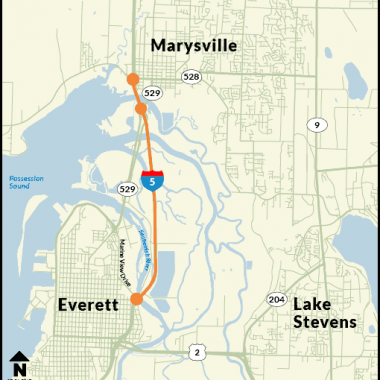 A map showing the location of where improvements will be made to the I-5/SR 529 interchange and the I-5 northbound HOV lane will be extended from Everett to Marysville.
