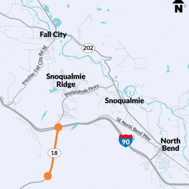 A map of the I-90, SR 18 and Snoqualmie Parkway interchange and surrounding roads.