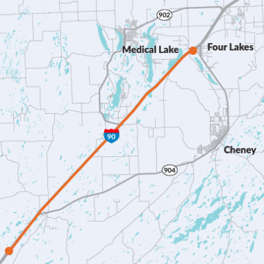 Project map location for the I-90 Lincoln County Line to BNSF Railroad Bridge roadside improvements project.