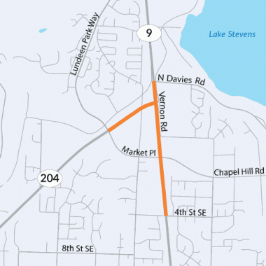 This map shows the SR 9/SR 204 intersection in Lake Stevens where improvements will be built.