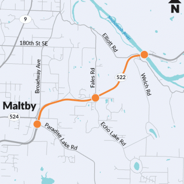A map showing SR 522 between Paradise Lake Road near Maltby, Washington and the Snohomish River