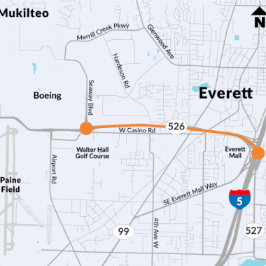 A map showing the SR 526 corridor improvement area between Seaway Boulevard and the I-5/SR 527 interchange.
