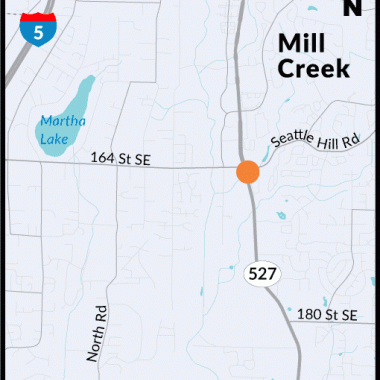 A map that shows the location of where WSDOT will build a fish-passable structure under SR 527 just south of 164th Street Southeast in Mill Creek. 