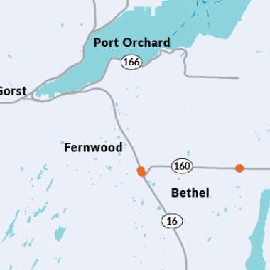 Overhead map of Port Orchard, SR 16 and SR 166 with orange dots over SR 16 near SR 166 and halfway down SR 166