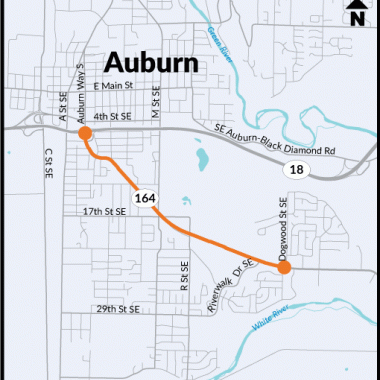 A map of State Route 164/Auburn Way South where it connects with State Route 18, M Street Southeast, 17th Street Southeast, R Street Southeast, Riverwalk Drive Southeast, Dogwood Street Southeast, and other local roads in Auburn.