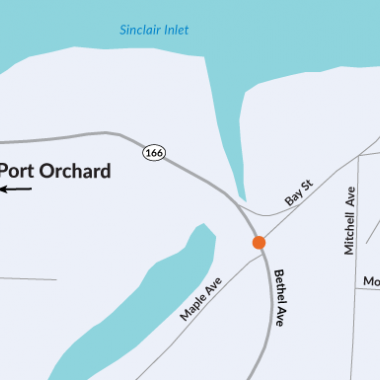 Map of Port Orchard with an orange circle over the location of the proposed roundabout.
