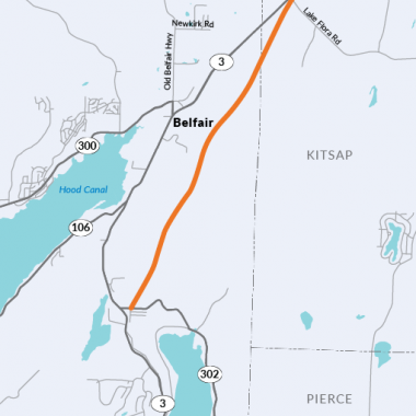 Orange line that follows proposed route of SR 3 freight corridor between SR 302 and SR 3 in Mason County. 