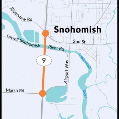 A map showing SR 9 between Marsh Road and 2nd Street and the surrounding area in Snohomish