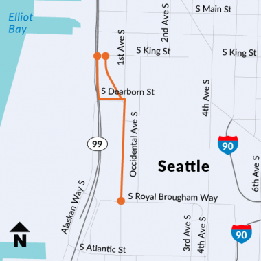 Street map of SODO neighborhood of Seattle showing the project zone extending along First Avenue South between South Dearborn Street and South Royal Brougham Way, along South Dearborn Street, and for one block of Alaskan Way north of South Dearborn Street
