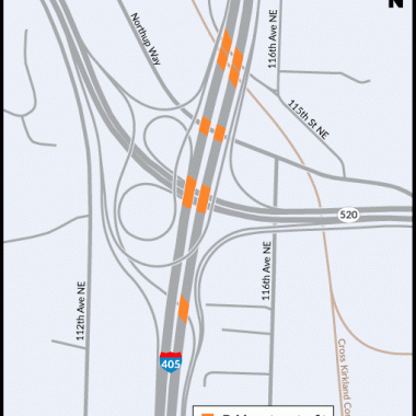 A map showing areas of the I-405 and SR 520 interchange where work will take place.